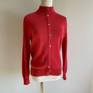 Red‎ Merino Wool Blend Cardigan Womens Snap Button Mock Neck Sweater Size 10